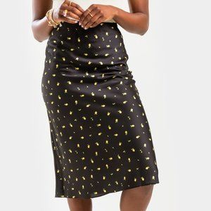 Francesca Mon Ami Lemon Satin Black Midi Skirt, Medium, NWOT, Elastic Waistband